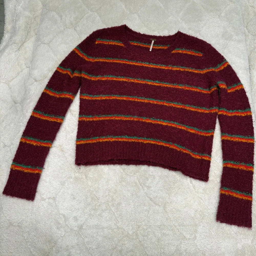 Free People Alpaca Blend Sweater Womens M Burgundy Striped Boucle Boho Pullover